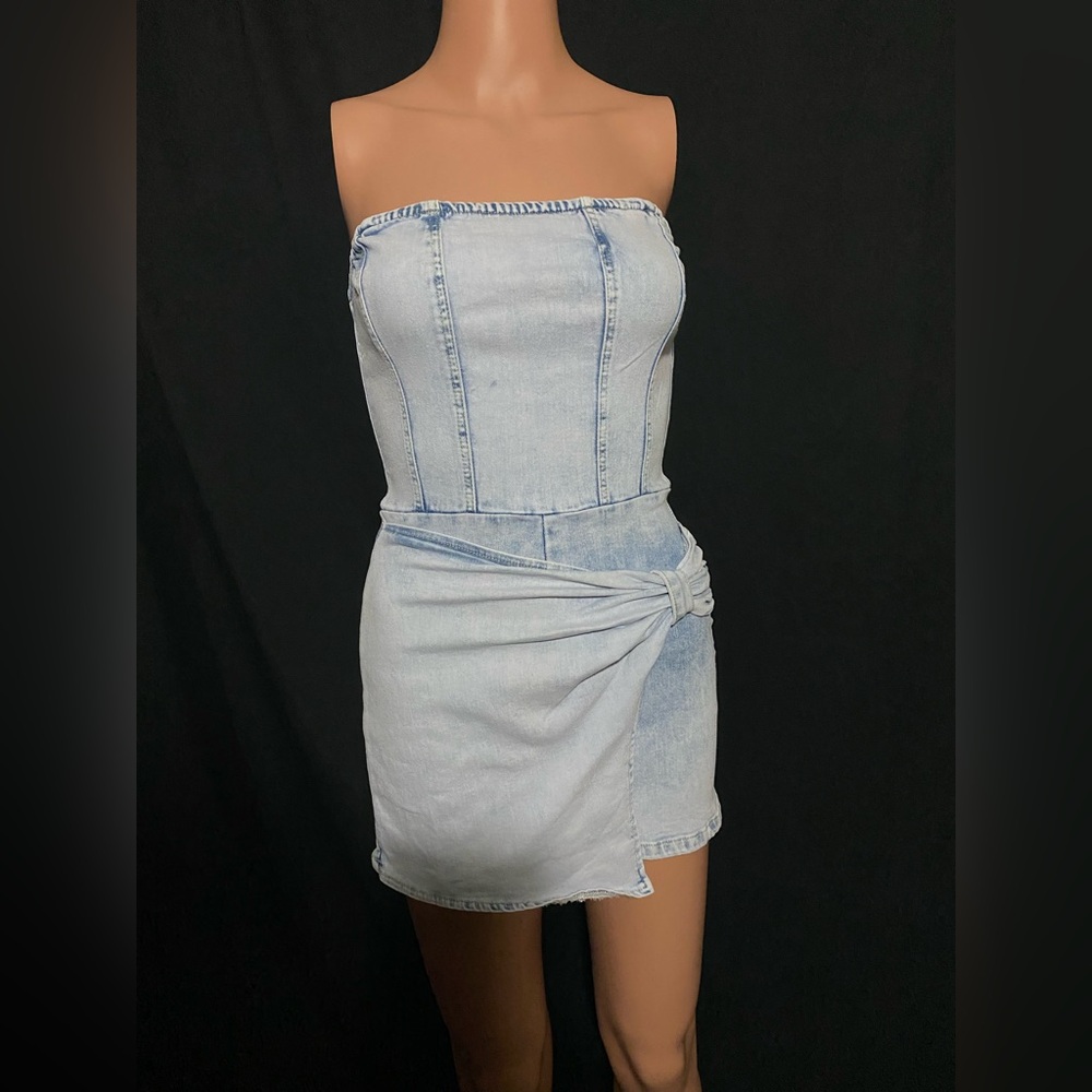 SHEIN Light Blue Denim Strapless Dress